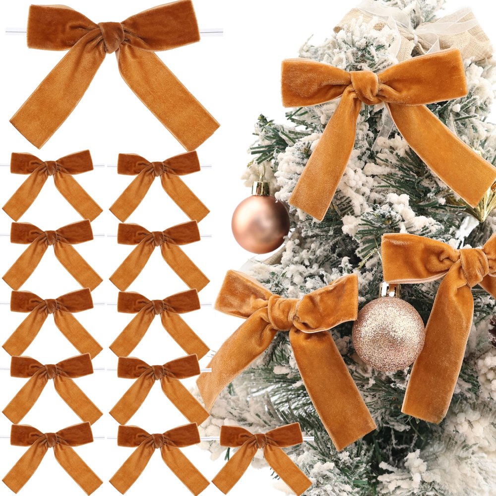 Velvet Bows Christmas Bows Twist Tie Bows 12 PCS Premade Bows for Christmas Tree,Wreaths, Gift Basket, Spring Decor, Gift Wrapping, Swag, Wedding (Brown)