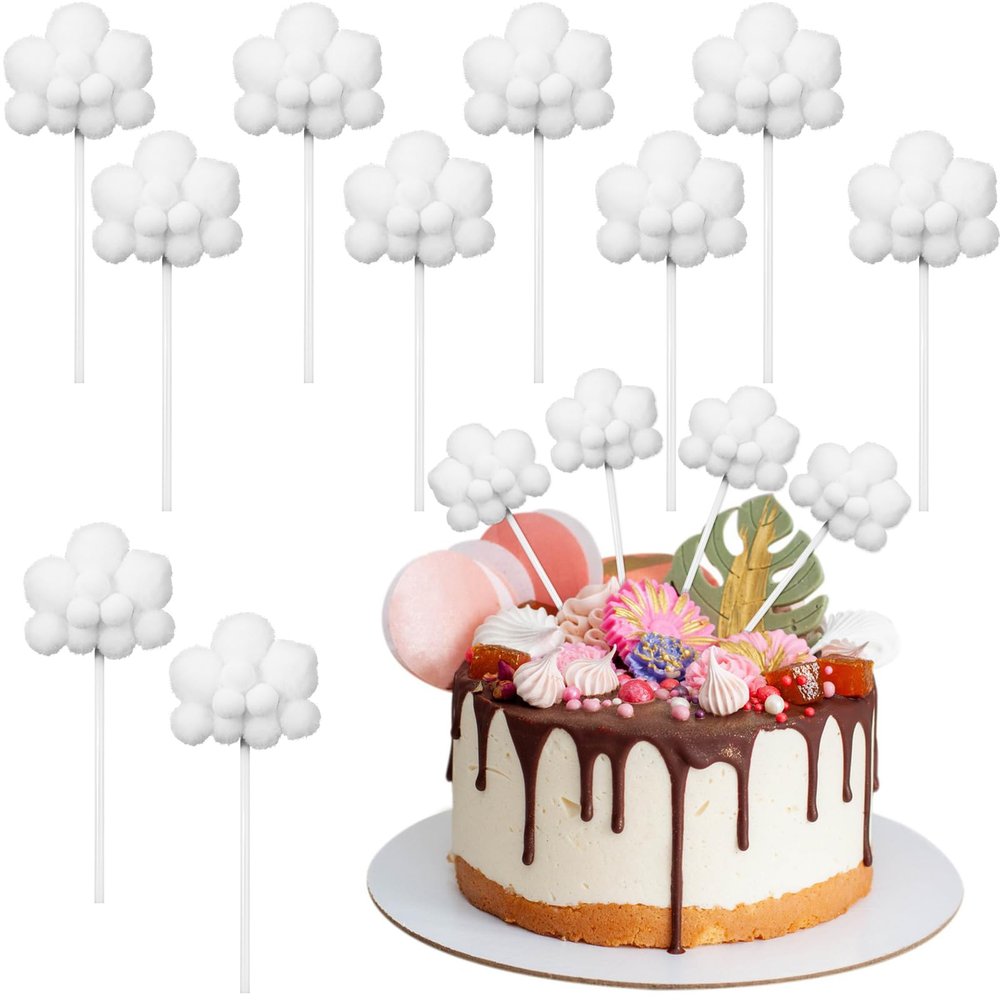10Pcs Cloud Cake Topper Plush Cloud Shaped Cupcake Toppers Yarn Ball Cupcake Picks Clouds Decorations for Birthday Wedding Party Supplies, Cloud Cake Topper, Cloud Cupcake Topper