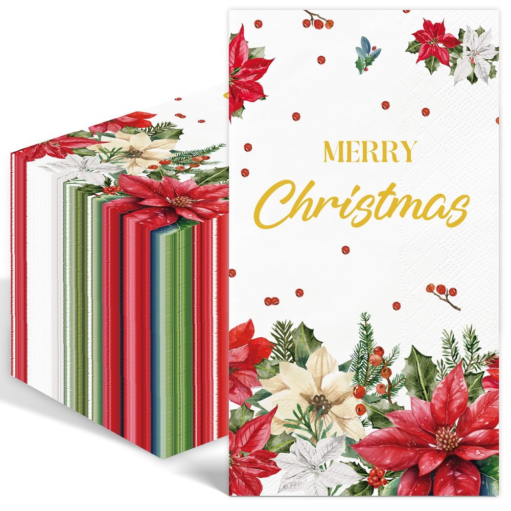 100PCS Christmas Napkins Disposable Poinsettia Flower Paper Napkins 3 Ply Decorative Paper Hand Towels for Bathroom Xmas Red Poinsettia Berry Guest Napkins for Winter Holiday Christmas Cocktail Party
