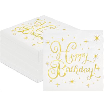 100 PCS Happy Birthday Paper Napkins, 2 Ply Gold Foil Birthday Disposable Hand Towels Napkins, 1313 Inch Dinner Cocktail Decorative Napkin for Birthday Party Table Decorations