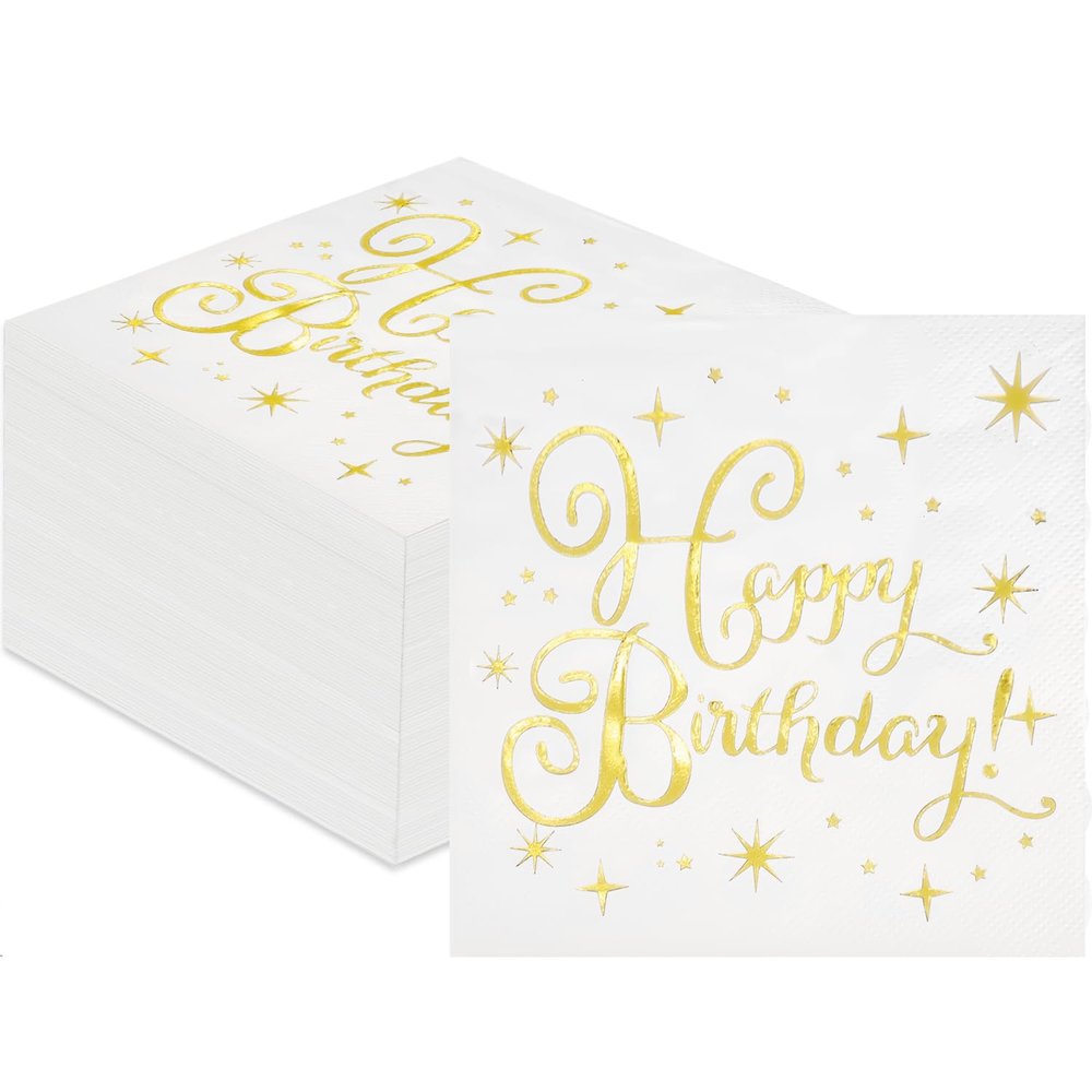 100 PCS Happy Birthday Paper Napkins, 2 Ply Gold Foil Birthday Disposable Hand Towels Napkins, 1313 Inch Dinner Cocktail Decorative Napkin for Birthday Party Table Decorations