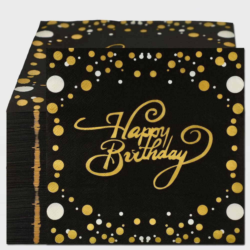 80 PCS Happy Birthday Paper Napkins, 2 Ply Premium Quality Cocktail Napkins, 1313 Inch Soft and Absorbent Disposable Hand Towels Napkins for Birthday Party Supplies, Black and Gold