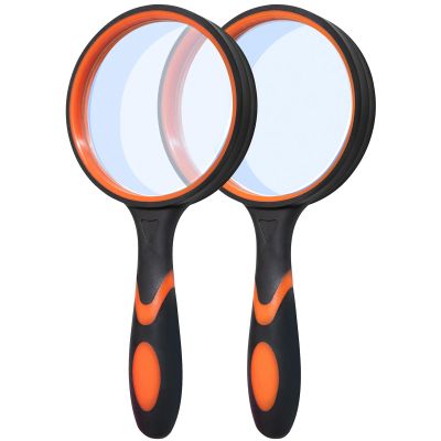 Wapodeai 10X Magnifying Glass for Seniors & Kids, 2 Pack Non-Slip Handheld Magnifier Glasses with 75mm Lens, for Reading Book, Hobbies, Scientific Observation, Orange
