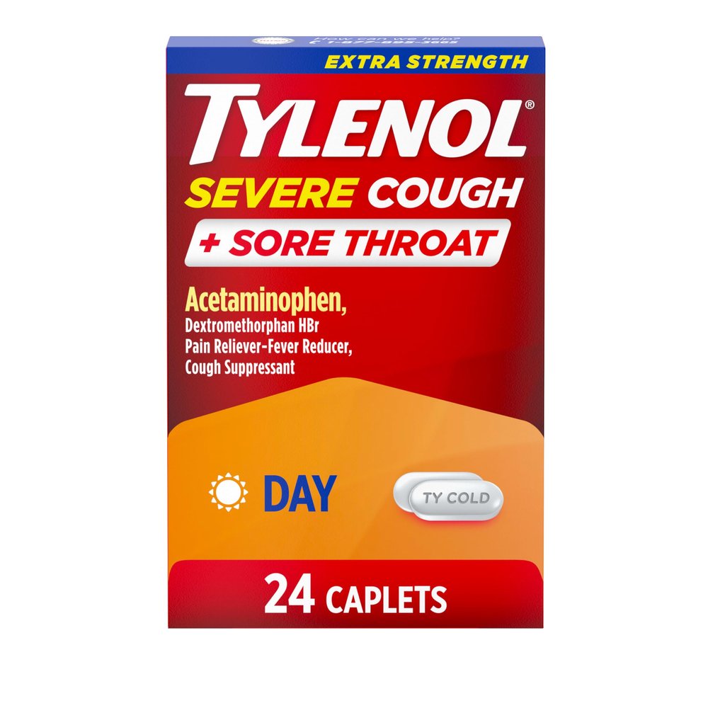 Tylenol Extra Strength Severe Cough + Sore Throat Caplets, Daytime Extra Strength Pain Reliever & Fever Reducer + Cough Suppressant, Acetaminophen 500 mg, Dextromethorphan HBr 15 mg, 24 ct