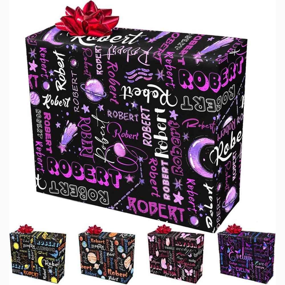 xmeasecos Custom Butterfly Wrapping Paper with Name, Personalized Gift Wrapping Paper Roll Birthday Wrap Paper, Customized Kids Christmas Gift Packing Papers for Boy Girls Men Women Black