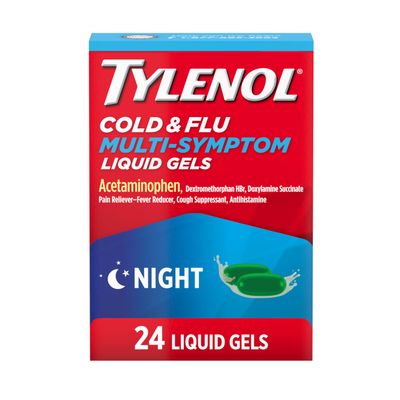 Tylenol Nighttime Cold & Flu Multi-Symptom Liquid Gels, Adult Cold & Flu Relief Medicine, Pain Reliever & Fever Reducer + Cough Suppressant & Antihistamine, 24 ct