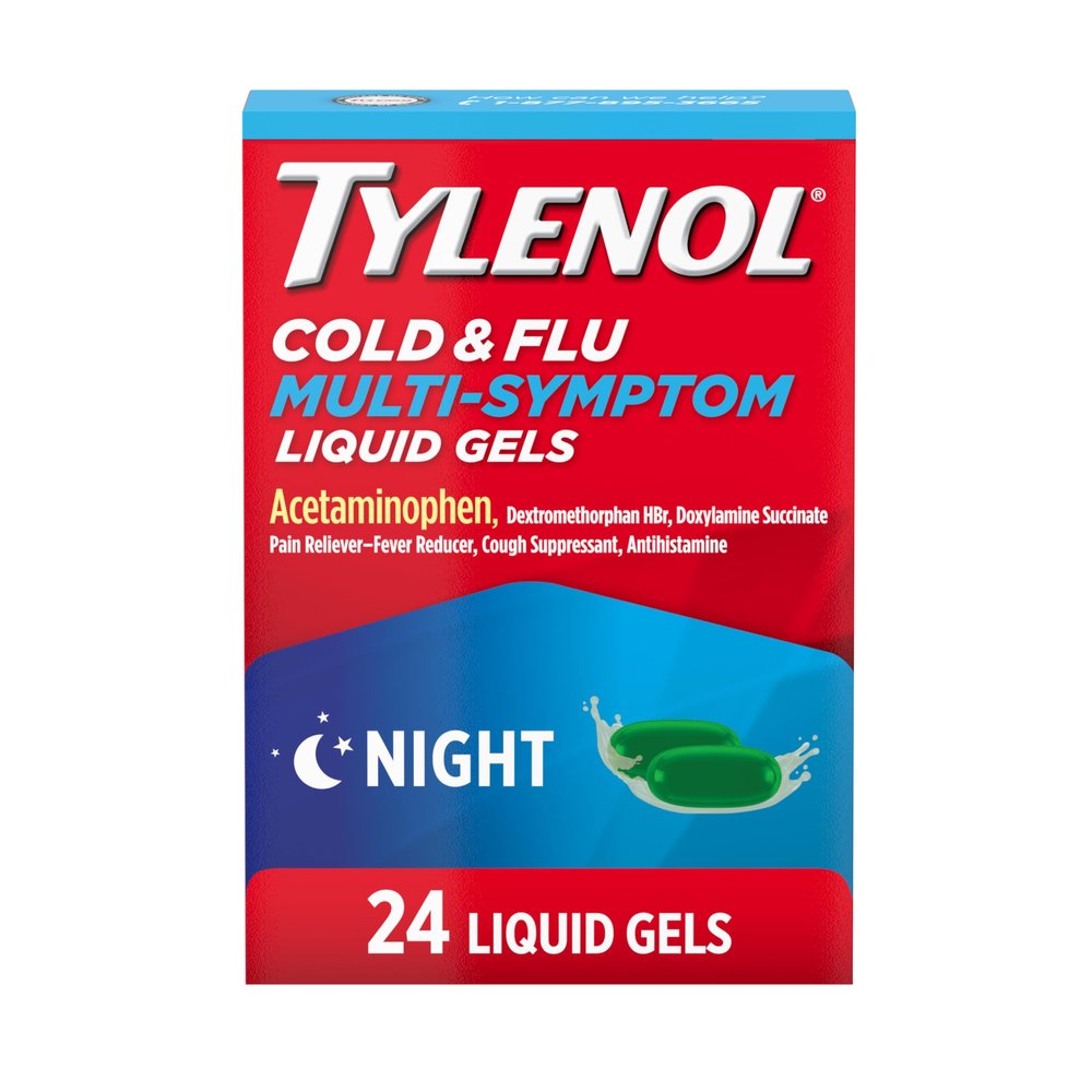 Tylenol Nighttime Cold & Flu Multi-Symptom Liquid Gels, Adult Cold & Flu Relief Medicine, Pain Reliever & Fever Reducer + Cough Suppressant & Antihistamine, 24 ct