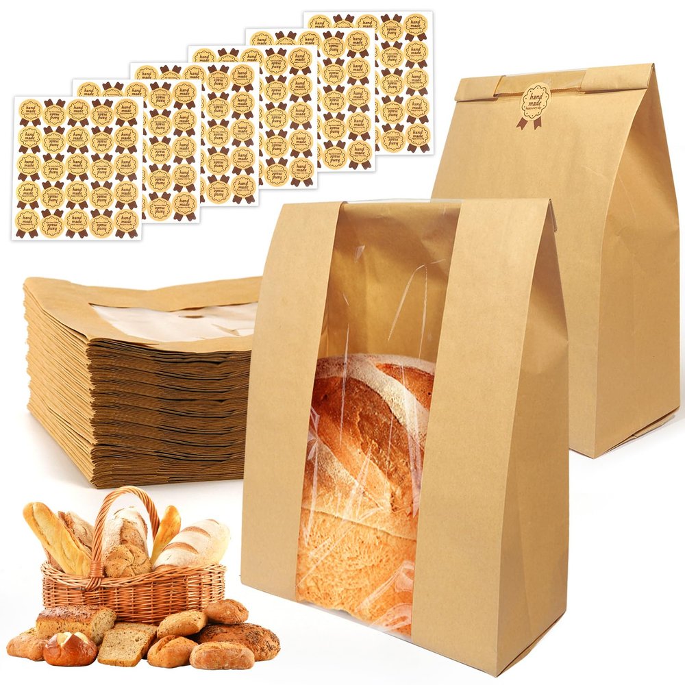 WNSIRVY 130 Pack Large Bread Bags for Homemade Sourdough Bread - Kraft Paper Storage Bakery Bags with Clear Window Bonus 150 Seal Stickers for Sourdough Sandwich (13.7x8.2x3.5 Inches, Brown)