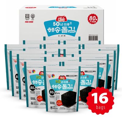 GGANBU) HAESONG DOL-GIM - Seasoned Seaweed Snack Sheets, Keto, Vegan, Gluten Free (16 packs (1box))