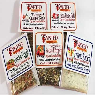Twisted Pepper Co. 5 Pack Mild Dip Mixes includes Gardner Veggie. Prairie Ranch, Roasted Sweet Peppers, Toasted Onion & Garlic, Tuscan Roasted Garlic, No MSG, All Natural, Low Sodium, Easy to Make
