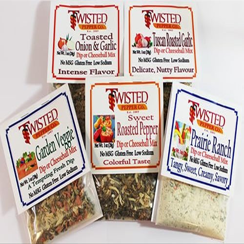 Twisted Pepper Co. 5 Pack Mild Dip Mixes includes Gardner Veggie. Prairie Ranch, Roasted Sweet Peppers, Toasted Onion & Garlic, Tuscan Roasted Garlic, No MSG, All Natural, Low Sodium, Easy to Make