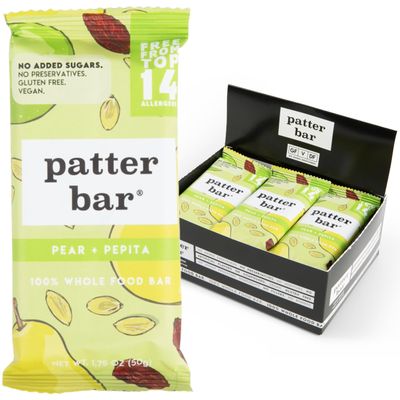 Patterbar Energy Bars - 100% Whole Foods Bar, Gluten Free, Dairy Free, No Added Sugar, Vegan, Whole30 | Plant Based Paleo Snacks, Vegan Protein Bar, Breakfast Bar, Snack Bars, Pear Pepita, 12-Count