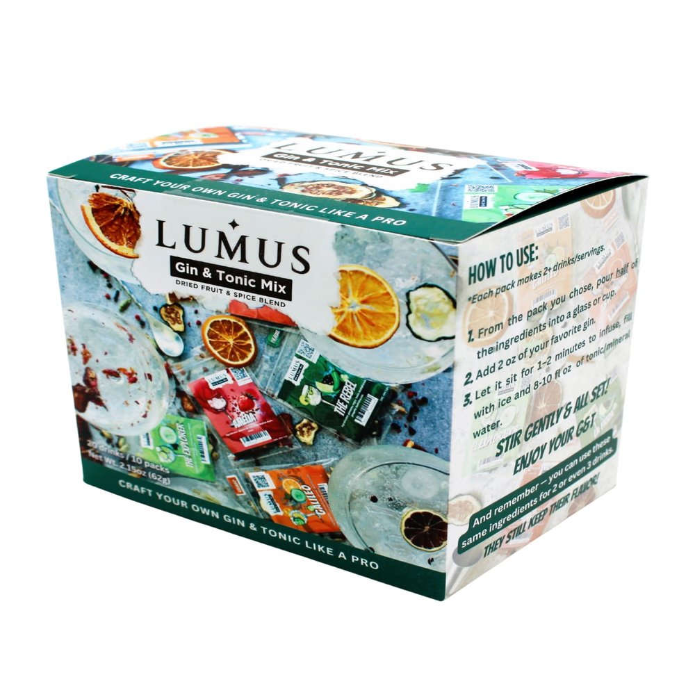 Lumus Gin & Tonic Mix. The perfect cocktail infusion DIY kit mix. 20+ Gin & Tonic servings, 5 delicious recipes to enjoy and share, idealfor home and gifts.