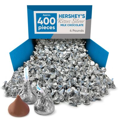 Hershys Kisses Silver Foiled Classic Milk Chocolate - 4 Pounds approx 400 pieces of Chocolate Candy Individually Wrapped - Ideal for Snacking and Sharing wit Family & Friends - Halloween Candy, Bulk Candy Individually Wrapped, Chocolate Candy Ideal f