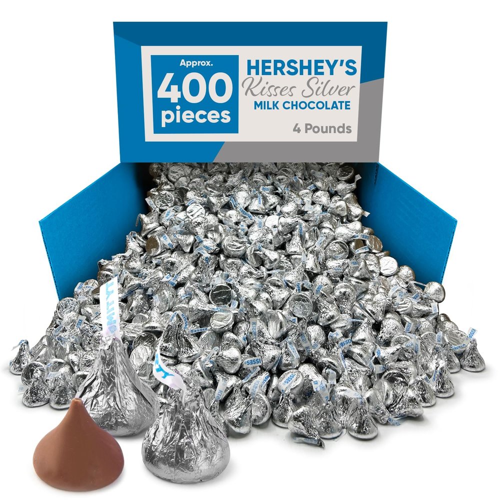 Hershys Kisses Silver Foiled Classic Milk Chocolate - 4 Pounds approx 400 pieces of Chocolate Candy Individually Wrapped - Ideal for Snacking and Sharing wit Family & Friends - Halloween Candy, Bulk Candy Individually Wrapped, Chocolate Candy Ideal f