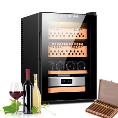 Fablestoryem Electronic Cooler Humidor 50L, Cigar Humidors for 200-300 Cigars, Spanish Cedar Wood 4 Shelves Small Cigar Cabinet and Wine Cabinet, Temperature and Humidity Control,Black B