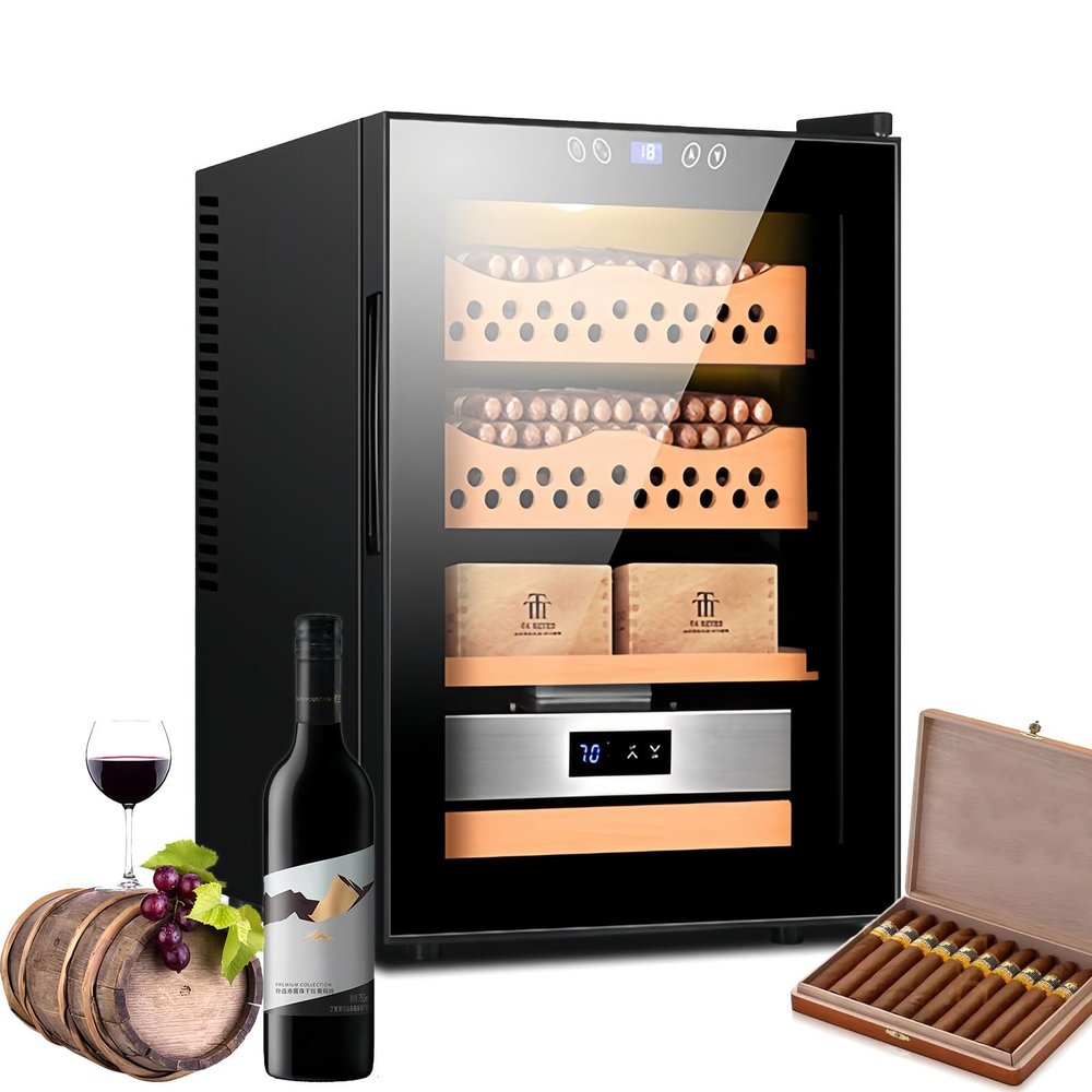 50L Thermostatic Electric Humidor, 200-300 Counts Large Cigar Humidor, Temperature Humidity Control Cabinet Cigar Fridge with Spanish Cedar Wood & Hygrometer, for Home Office and Bar,Black A