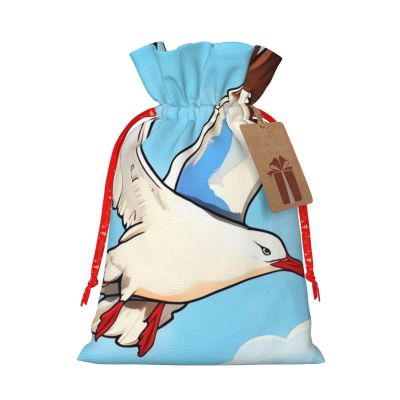 Dwrepo Drawstring Christmas Gift Bags Flying Seagulls Xmas Gift Bags Burlap Xmas Candy Bags Reusable Christmas Wrapping Bags Xmas Party Favor Bags for Holiday Wrapping Presents Small