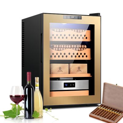 Fablestoryem Electronic Cooler Humidor 50L, Cigar Humidors for 200-300 Cigars, Spanish Cedar Wood 4 Shelves Small Cigar Cabinet and Wine Cabinet, Temperature and Humidity Control,Gold A