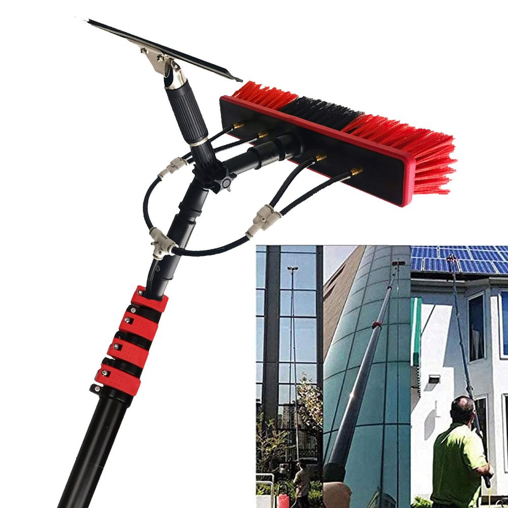 Window Cleaning Rod, Water-Fed Telescopic Brush Squeegee Water/Hose Window Cleaning Brush Equipment for Cleaning Photovoltaic and Solar Panels - 30ft (9m),35cmbrushhead-9M/30FT
