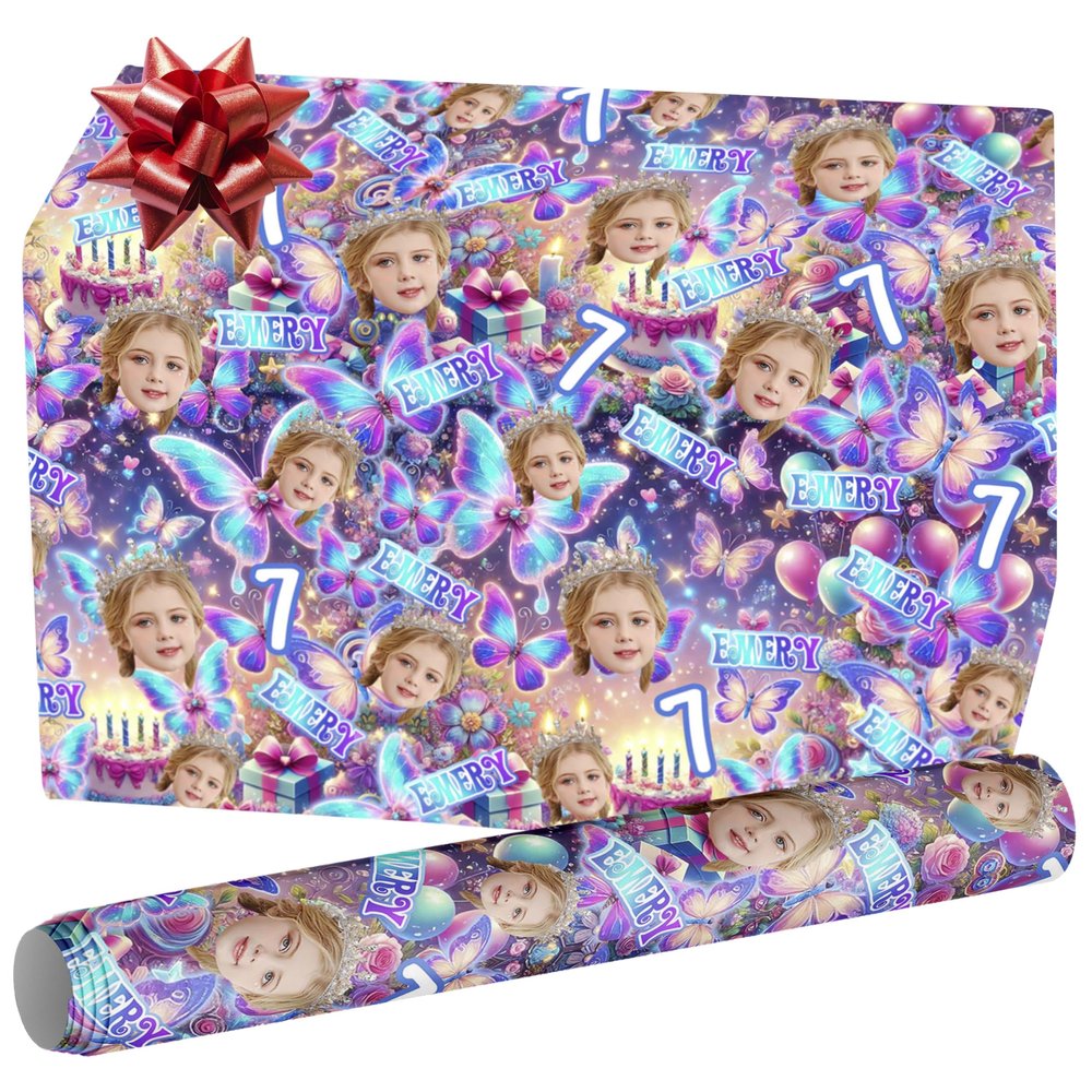 Faroishta Custom Happy Birthday Wrapping Paper with Photo Personalized Name Gift Wrap Paper Roll for Girls Baby Customize Your Own Text Wrapping Paper Baby Shower Birthday Party Gifts