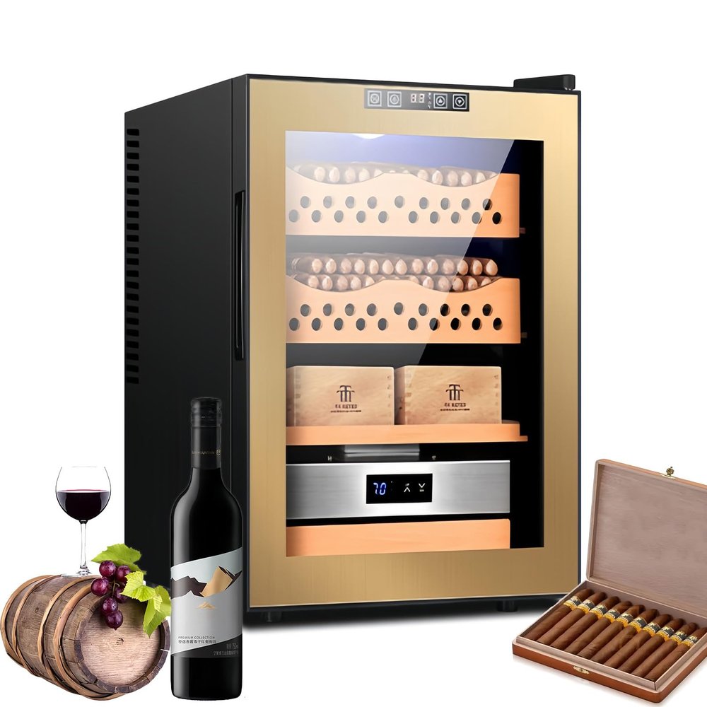 50L Thermostatic Electric Humidor, 200-300 Counts Large Cigar Humidor, Temperature Humidity Control Cabinet Cigar Fridge with Spanish Cedar Wood & Hygrometer, for Home Office and Bar,Gold A