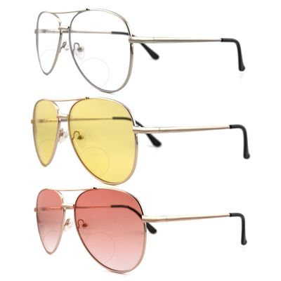 SOPHILY 3 Pack Bifocal Reading Sunglasses for Women Men, Aviator Sun Readers Glasses Mirrored Shades UV400 Gradient Pink Night Yellow Clear, +1.0