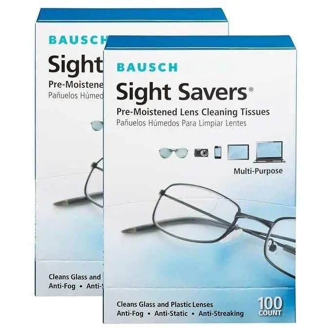 Bau-Sch Sight Savers Lens Cleaning Tissues, 200 Tissues, Bundle of 2 100 Tissues Boxes | Pre-Moistened Multi-Purpose Lens Cleaning Tissues | Anti-Fog, Anti-Static, Anti-Streaking
