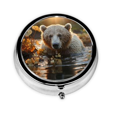 Pill Box with 3 Compartment Small Pill Case for Purse & Pocket Cute Pill Organizer Travel Portable Pillbox Bear Crossing The River Round Pill Container for Vitamins Medication Fish Oil