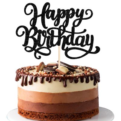 Rsstarxi 1 Pack Happy Birthday Cake Topper Glitter Birthday Sign Cake Pick Decoration for Happy Birthday Theme Boys Girls Baby Shower Birthday Party Cake Decorations Black