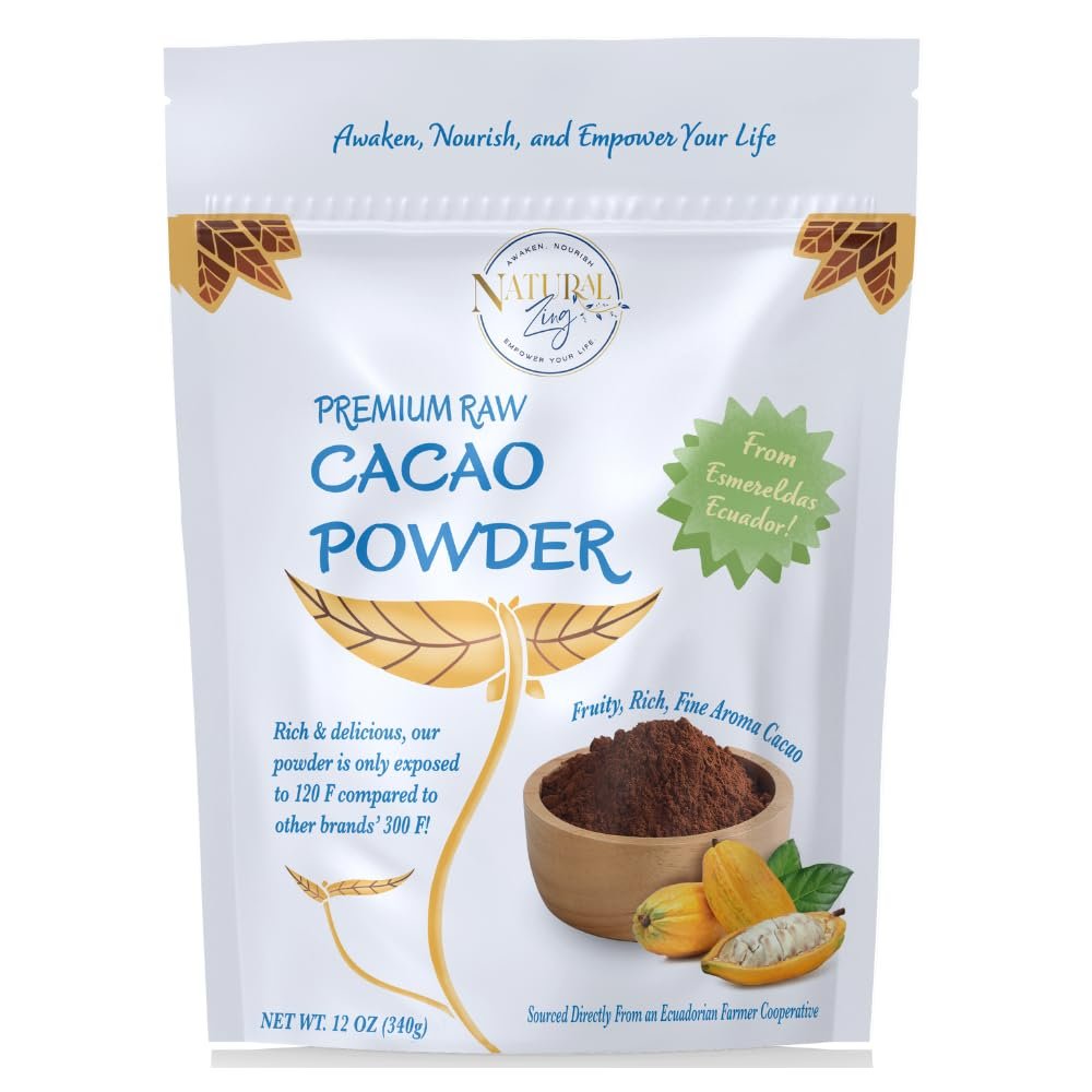 Natural Zing 100% Pure Cacao Powder | Raw, Organic | Single Origin | No Additives, Fillers, or Preservatives |No GMO | Antioxidant Properties | Magnesium (12 oz)