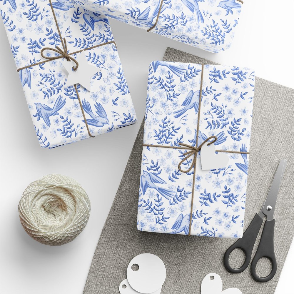 Wedding Hampton Blue Wrapping Paper Roll, 30" x 180" size, Hampton Blue Bird Wrapping Paper, Hampton Blue Wrapping Paper