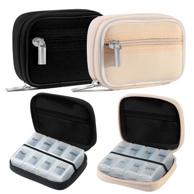 2 Packs Weekly Travel Pill Organizer for Purse with Removable 7 Day Pill Box Premium Neoprene Pill Container for Travel Purse Accessory, Vitamin, Supplement, Small Pieces Arrangement-Black and Cream