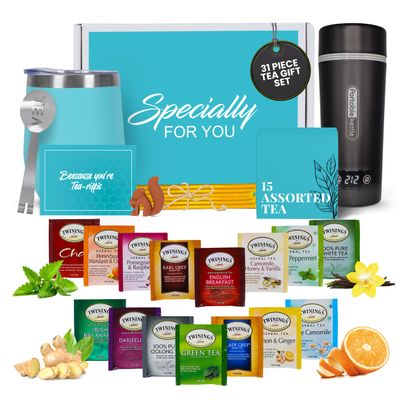 Gift Set with Kettle 31-Piece Sampler for Tea Lovers with Insulated Mug, Gourmet Blends & Accessories (Twning Tea)