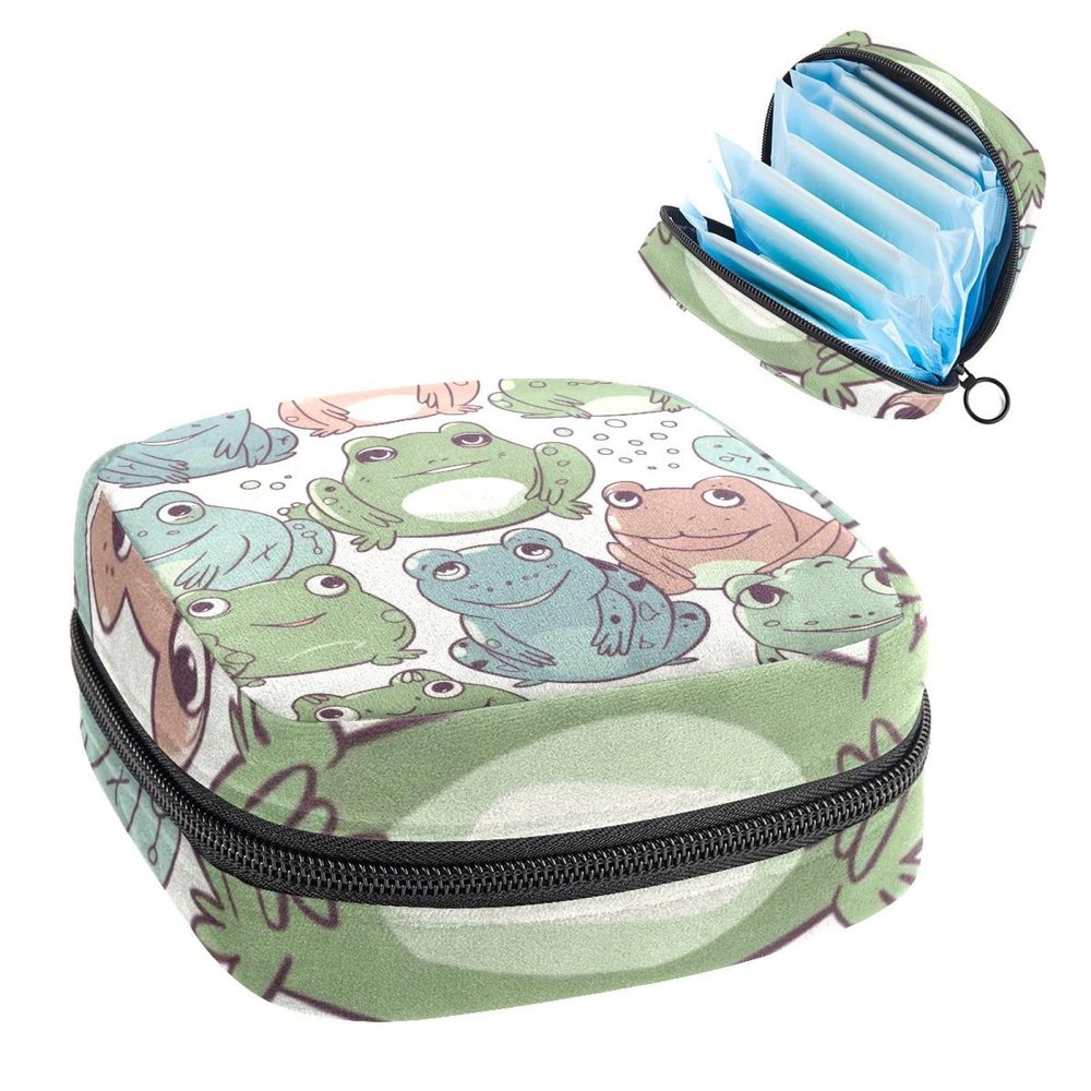Sanitary Napkin Storage Bag, Zipper Period Pouch for Teen Girls Women, Portable Menstrual Tampons Collect Bags Cartoon Frog Pattern