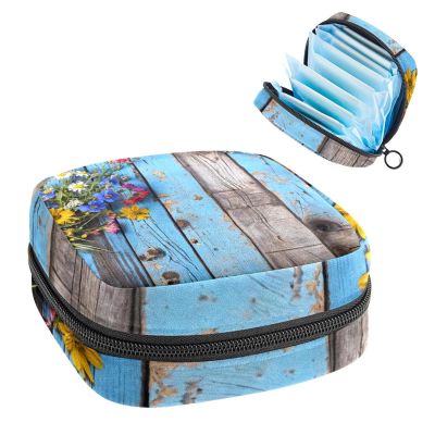 Period Bags for School, Sanitary Napkin Storage Bag for Feminine Pads, Wild Flowers on Vintage Blue Wooden Ladies Menstrual Cup Pouch Sanitary Pads Organizer