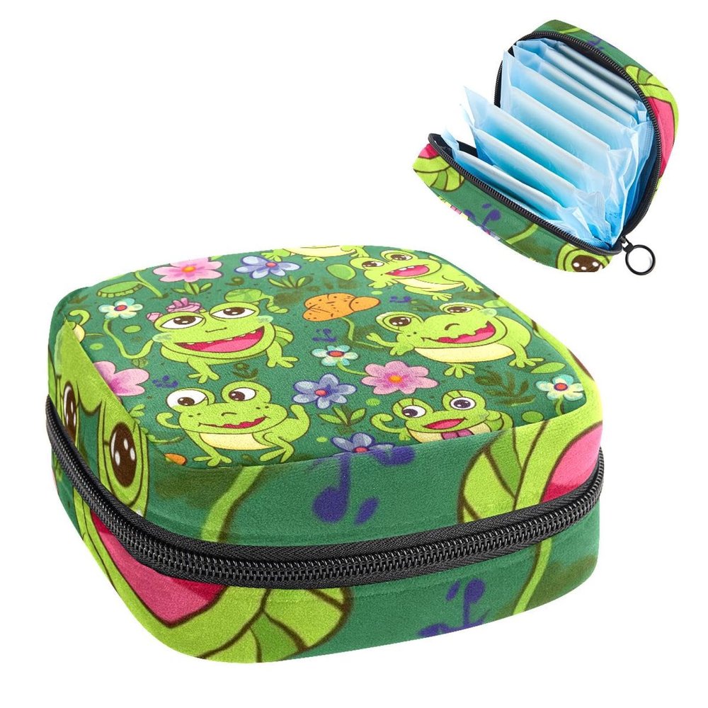Tampons Holder for Purse, Portable Feminine Menstruation Pad Holder, Cartoon Playful Frogs with Flowers Cute Sanitary Napkin Storage Bag for Women