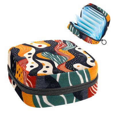 Abstract Hand Drawn Color Pattern Menstrual Pad Purse for School, Tampons Collect Pouch for Women Girls, Soft Sanitary Napkin Disposal Bags