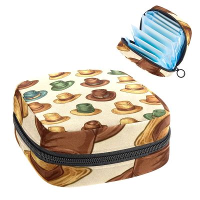 West Cowboy Hats Beige Background Sanitary Napkin Storage Bag, Tampons Collect Holder Purse, First Period Kit for Girls Women, Pad Bag for Period for School