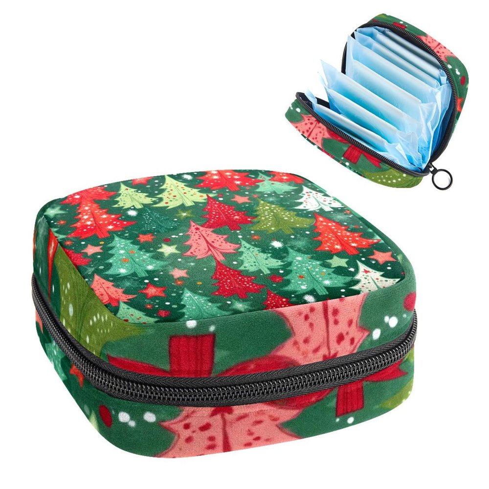 Period Bags for School, Sanitary Napkin Storage Bag for Feminine Pads, Snowflakes Stars Christmas Trees Seamless Pattern Ladies Menstrual Cup Pouch Sanitary Pads Organizer