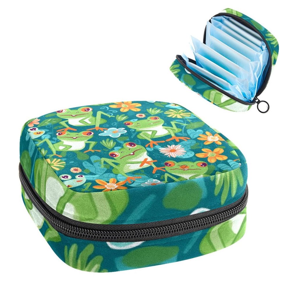 Tampons Collect Bags for Women Girls, Sanitary Napkin Storage Disposal Pouch, Lightweight Menstrual Cup Bag Fun Cartoon Frogs with Flower