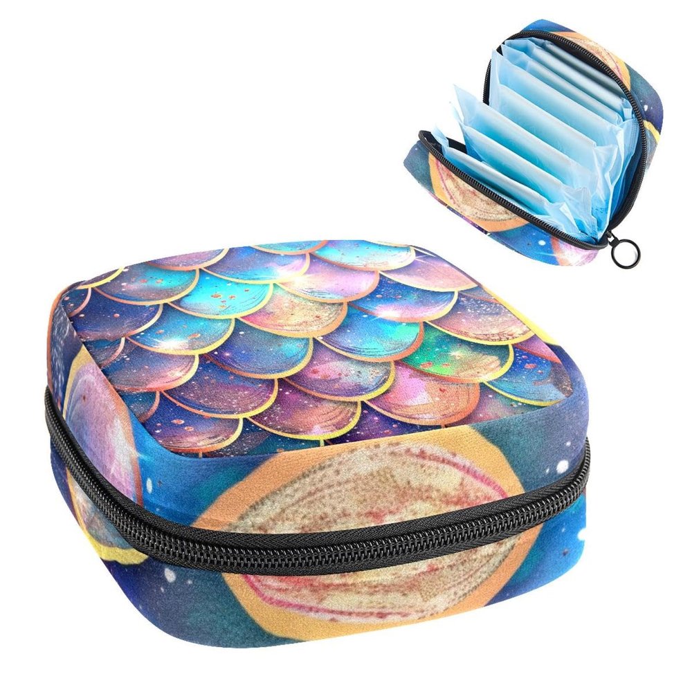 Sanitary Napkin Storage Bag, Zipper Period Pouch for Teen Girls Women, Portable Menstrual Tampons Collect Bags Sea Fish Mermaid Scales Pattern