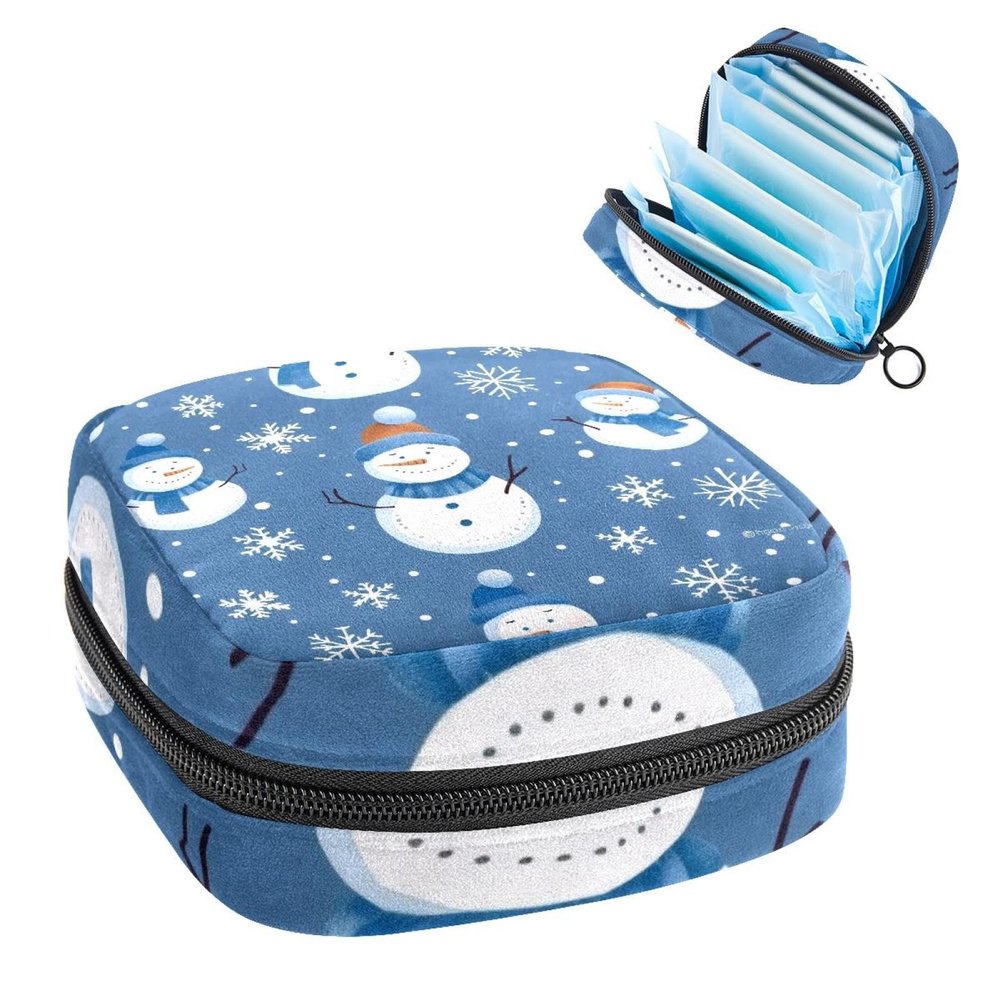 Portable Menstrual Pad Bags, Large Capacity Sanitary Napkin Storage Bag, First Period Kit for Girls Women, Zipper Nursing Pad Holder Merry Christmas Snowman Blue