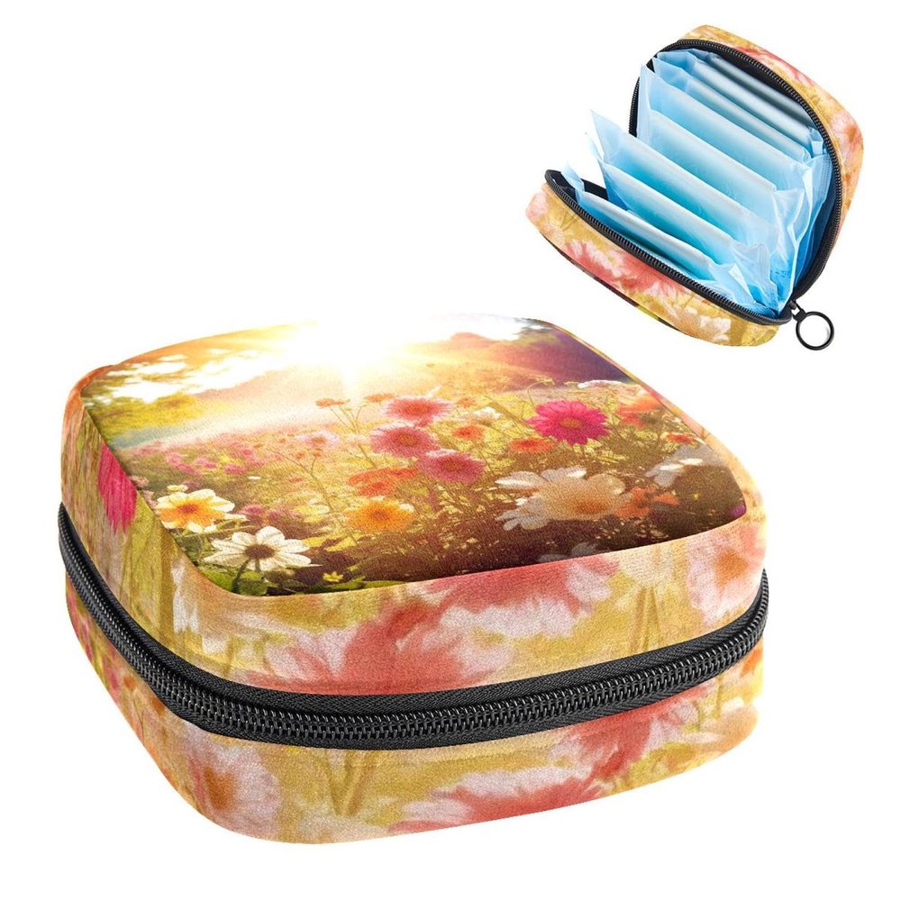 Portable Menstrual Pad Bags, Large Capacity Sanitary Napkin Storage Bag, First Period Kit for Girls Women, Zipper Nursing Pad Holder Beautiful Flower Sunlight