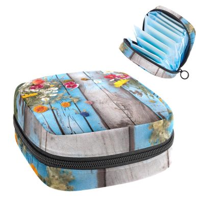 Sanitary Napkin Storage Bag, Zipper Period Pouch for Teen Girls Women, Portable Menstrual Tampons Collect Bags Wild Flowers on Blue Vintage Wooden