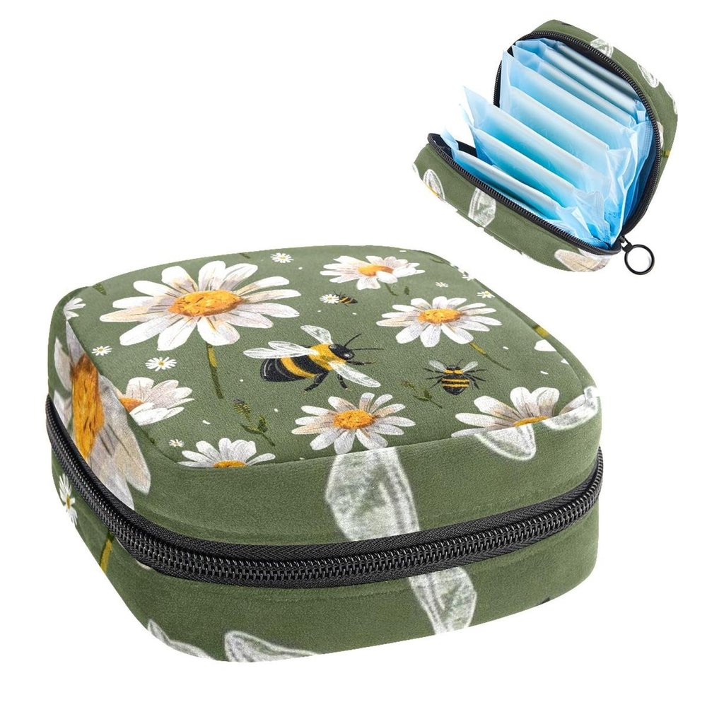 Sanitary Napkin Storage Bag, Zipper Period Pouch for Teen Girls Women, Portable Menstrual Tampons Collect Bags Bees and Daisies