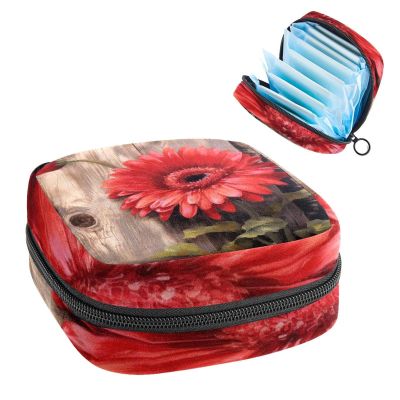 Tampons Holder for Purse, Portable Feminine Menstruation Pad Holder, Vintage Gerbera on a Wooden Background Cute Sanitary Napkin Storage Bag for Women