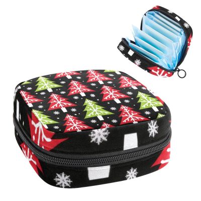 Tampons Collect Bags for Women Girls, Sanitary Napkin Storage Disposal Pouch, Lightweight Menstrual Cup Bag Winter Christmas Trees and Snowflakes Black Background