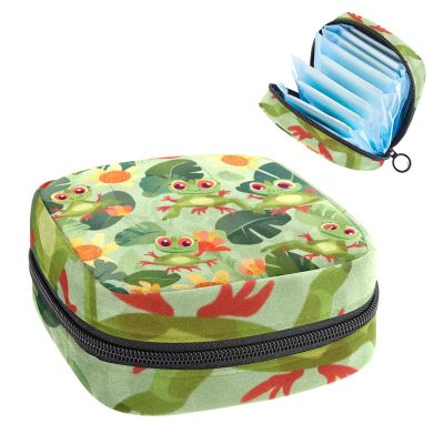 Fun Cartoon Frogs Adorable Flower Sanitary Napkin Storage Bag, Tampons Collect Holder Purse, First Period Kit for Girls Women, Pad Bag for Period for School