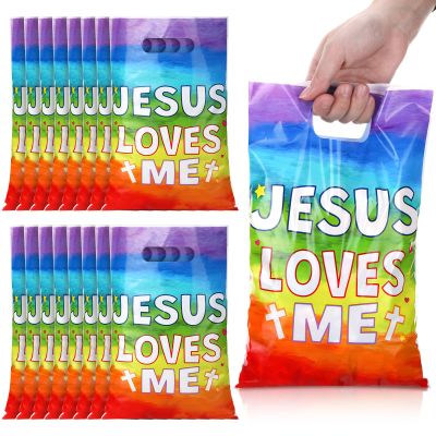Hosuly 50 Pieces Christian Valentine's Day Gift Bags Jesus Loves Me Plastic Goody Bags with Handles Religious Treat Bag for VBS Church Party Supplies Party Favor Decoration